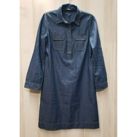 Chadwicks Blue Chambray Denim Dress Size 6, Roll Tab sleeve, 1/4 button, pockets - Picture 1 of 7
